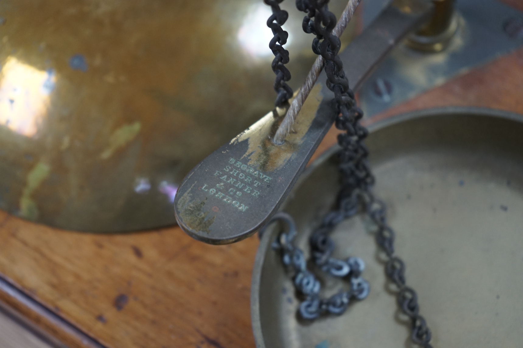 A set of Victorian brass balance scales, Degrave, Short Fanner & Co. London, 67cm high. Condition - fair